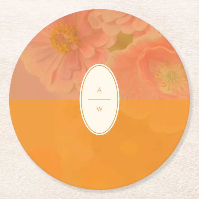 Posavasos Redondo De Papel Monograma Boda de amapola rosa de flor silvestre (Anverso)