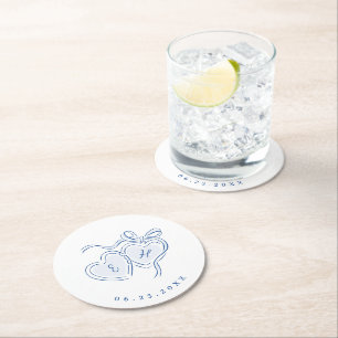 Posavasos Redondo De Papel Monograma caprichoso de bodas de manos azules Cora
