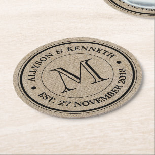 Posavasos Redondo De Papel Monograma con el logotipo de Burlap Retro
