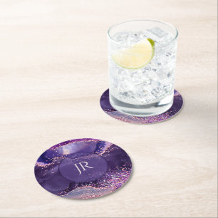 Posavasos Redondo De Papel Monograma con textura de ágata brillante púrpura