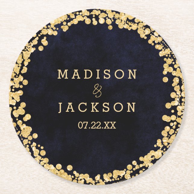 Posavasos Redondo De Papel Monograma de acuarela azul marino y Boda de oro (Anverso)