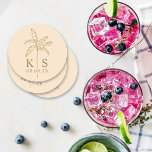 Posavasos Redondo De Papel Monograma de árbol de palmas personalizado Guardar<br><div class="desc">Monograma de árbol de palmas personalizado Guardar la escayola de papel redonda del logotipo de fecha</div>