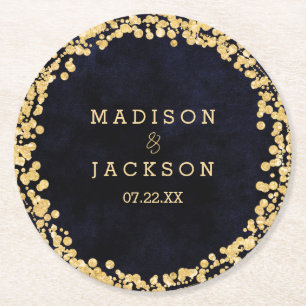 Posavasos Redondo De Papel Monograma de boda en acuarela azul marino y dorado