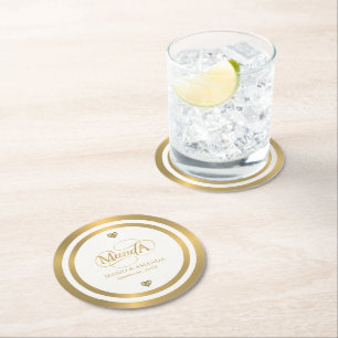 Posavasos Redondo De Papel Monograma de boda personalizado dorado blanco