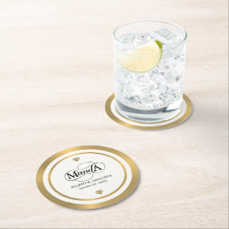 Posavasos Redondo De Papel Monograma de boda personalizado oro blanco