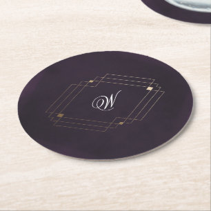 Posavasos Redondo De Papel Monograma de Caligrafía Púrpura Deco Oro Clásico