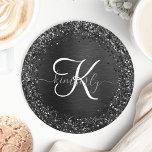 Posavasos Redondo De Papel Monograma de espuma de Purpurina negro personaliza<br><div class="desc">Personalice fácilmente este elegante diseño de moda de papel con purpurina brillante negro de bonito sobre fondo metálico cepillado negro.</div>