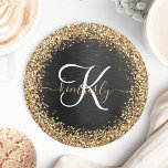 Posavasos Redondo De Papel Monograma de espuma negra Purpurina de oro persona<br><div class="desc">Personalice fácilmente este elegante diseño de moda de papel con purpurina brillante de bonito dorado sobre fondo metálico cepillado negro.</div>