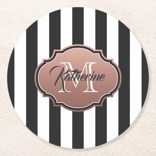 Posavasos Redondo De Papel Monograma de franjas blancas y negras (Anverso)
