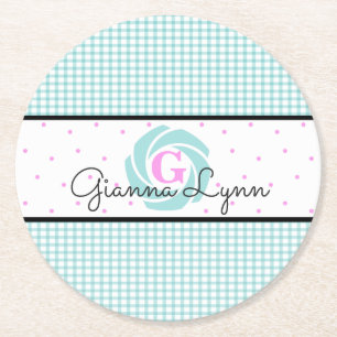 Posavasos Redondo De Papel Monograma de Gingham Acuático