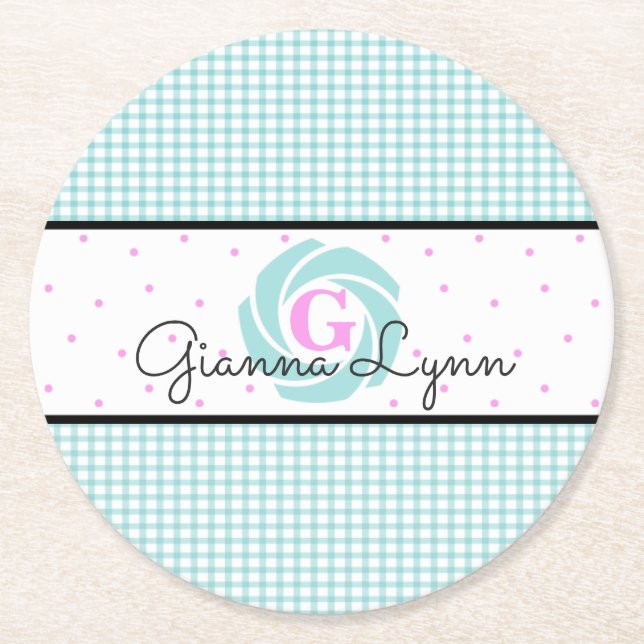 Posavasos Redondo De Papel Monograma de Gingham Acuático (Anverso)