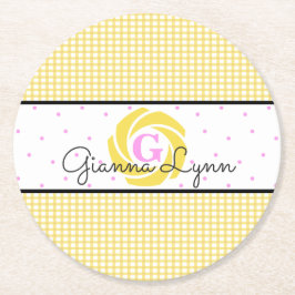 Posavasos Redondo De Papel Monograma de Gingham Amarillo