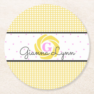 Posavasos Redondo De Papel Monograma de Gingham Amarillo