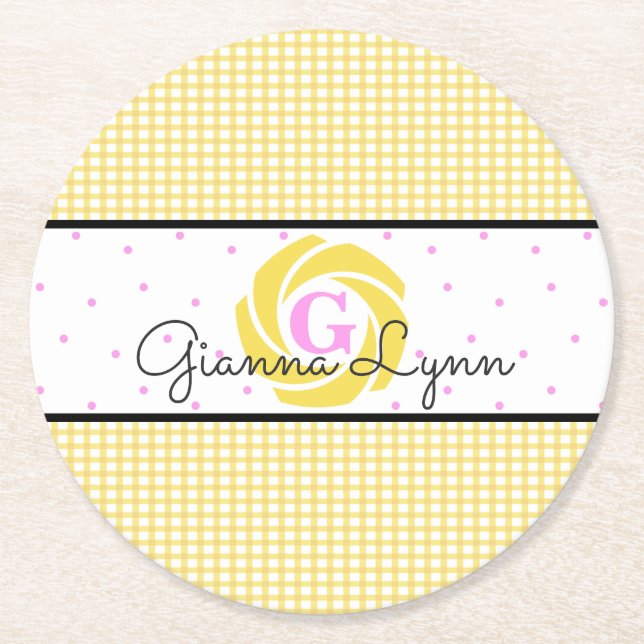 Posavasos Redondo De Papel Monograma de Gingham Amarillo (Anverso)
