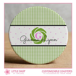 Posavasos Redondo De Papel Monograma de Gingham Verde