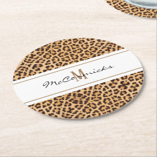 Posavasos Redondo De Papel Monograma de impresión de leopardo elegante perso
