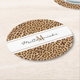 Posavasos Redondo De Papel Monograma de impresión de leopardo elegante person