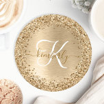 Posavasos Redondo De Papel Monograma de impresión Metalizado con pincel de or<br><div class="desc">Personalice fácilmente este diseño de moda de papel de moda con un purpurina de imitación dorado sobre fondo metálico cepillado dorado.</div>