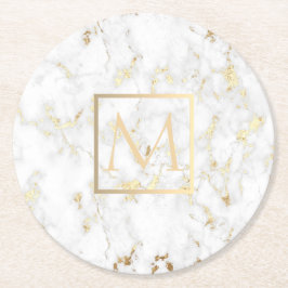 Posavasos Redondo De Papel Monograma de oro falso sobre piedra de mármol blan