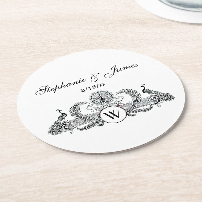 Posavasos Redondo De Papel Monograma de pavos reales (En perspectiva)