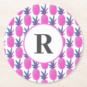 Posavasos Redondo De Papel Monograma de piña rosa de color tropical