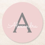 Posavasos Redondo De Papel Monograma de Rubor Gris rosa moderno con guión de<br><div class="desc">Máscaras de papel monograma Rubor con escritura simple rosa y gris. Esto hace que la graduación perfecta, el cumpleaños, el boda, la ducha de novia, el aniversario, la ducha de bebé o la fiesta de soltera sea un regalo para alguien que ama el lujo glam y los estilos de moda....</div>