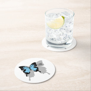 Posavasos Redondo De Papel Monograma de sombra de mariposa azul con respaldo