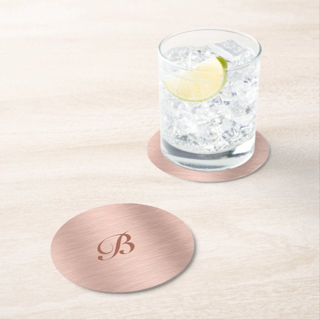 Posavasos Redondo De Papel Monograma de textura metálica de oro Rosa (In situ)