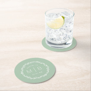 Posavasos Redondo De Papel Monograma del Boda de la guirnalda rusa   Sage