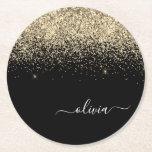 Posavasos Redondo De Papel Monograma del Purpurina negro dorado Nombre de la<br><div class="desc">Purpurina de guion de color negro y dorado Sparkle Monograma Nombre de papel Ataques de papel. Esto hace que la graduación perfecta, el cumpleaños, el boda, la ducha de novia, el aniversario, la ducha de bebé o la fiesta de soltera sea un regalo para alguien que ama el lujo glam...</div>