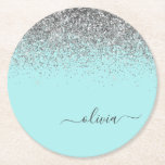 Posavasos Redondo De Papel Monograma del Purpurina plateado Verde azulado azu<br><div class="desc">Aqua Blue - Purpurina de espuma Verde azulada y plateada Guión Monograma Nombre Papel Adulto. Esto hace que la graduación perfecta, el cumpleaños, el boda, la ducha de novia, el aniversario, la ducha de bebé o la fiesta de soltera sea un regalo para alguien que ama el lujo glam y...</div>