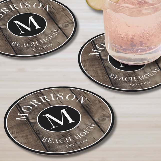 Posavasos Redondo De Papel Monograma Familia Inicial Nombre Madera Rústica (Monogram Initial Family Name Rustic Wood Round Paper Coaster )