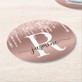 Posavasos Redondo De Papel Monograma Femenino de Metal con Goteo de Brillo Do