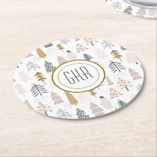 Posavasos Redondo De Papel Monograma moderno, árboles de invierno caprichosos