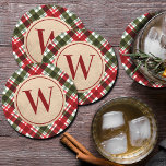 Posavasos Redondo De Papel Monograma moderno sobre Navidades repartidos<br><div class="desc">Su inicial en un falso círculo de Relieve metalizado dorado y un patrón de mantas de vacaciones rojas,  verdes y blancas...  estas galas son geniales para su propia casa o dan como regalo de vacaciones o anfitriones. COINCIDIENDO con los artículos de nuestra tienda.</div>