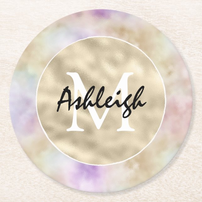 Posavasos Redondo De Papel Monograma Monograma de tinte morado dorado (Anverso)