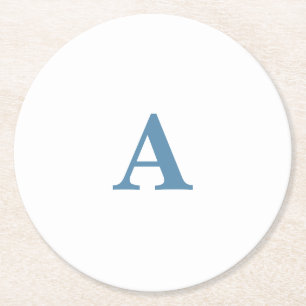 Posavasos Redondo De Papel Monograma Nombre inicial Dusty Azul Blanco Simple