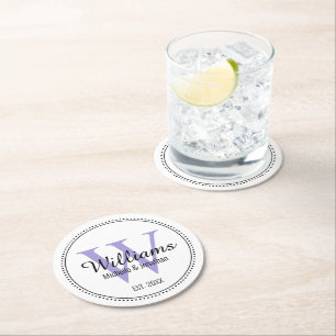 Posavasos Redondo De Papel Monograma personalizado Lavanda recién casada
