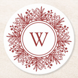 Posavasos Redondo De Papel Monograma Roja de Navidad