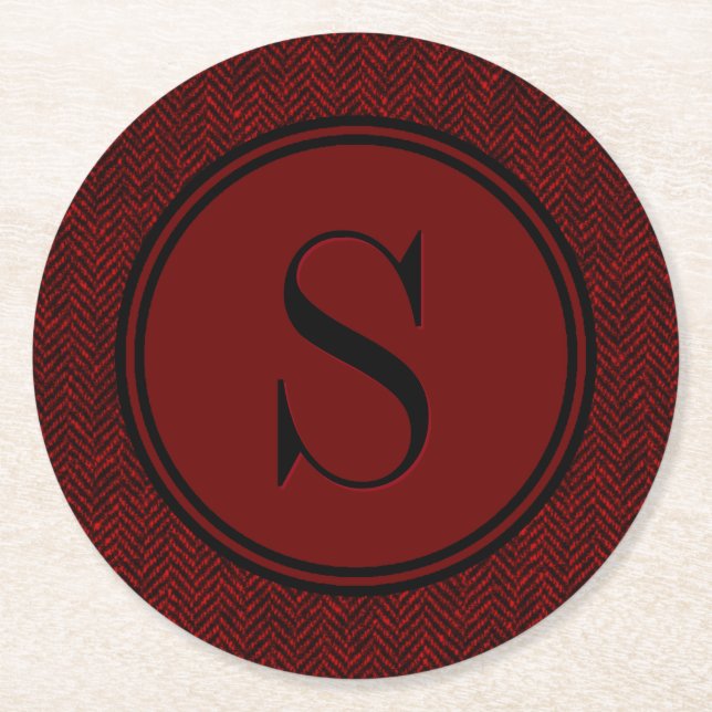 Posavasos Redondo De Papel Monograma rojo clásico de la raspa de arenque (Anverso)