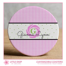 Posavasos Redondo De Papel Monograma Rosa Gingham