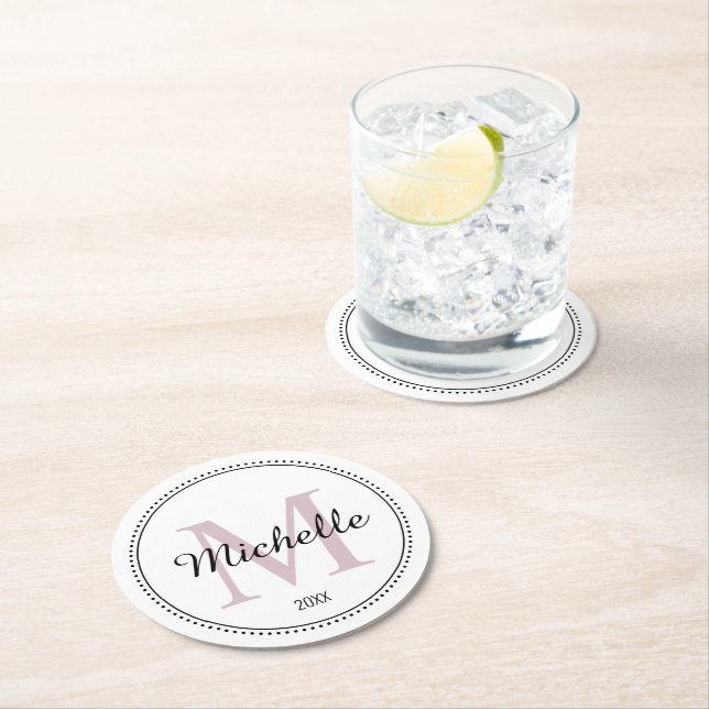 Posavasos Redondo De Papel Monograma Rubor Rosa personalizado (In situ)