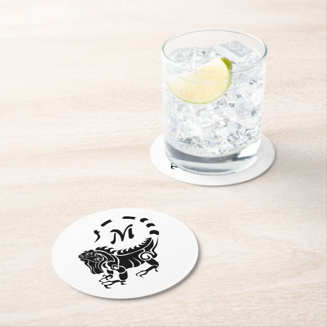 Posavasos Redondo De Papel Monograma tribal de iguana (In situ)