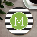 Posavasos Redondo De Papel Monograma verde del patrón rayado negro y blanco<br><div class="desc">Un diseño sencillo con un área para monogramas. Si necesita ajustar la ilustración o cambiar el tipo de letra,  puede hacer clic en el área personalizar. Esto le llevará a la herramienta de diseño donde puede hacer muchos cambios.</div>