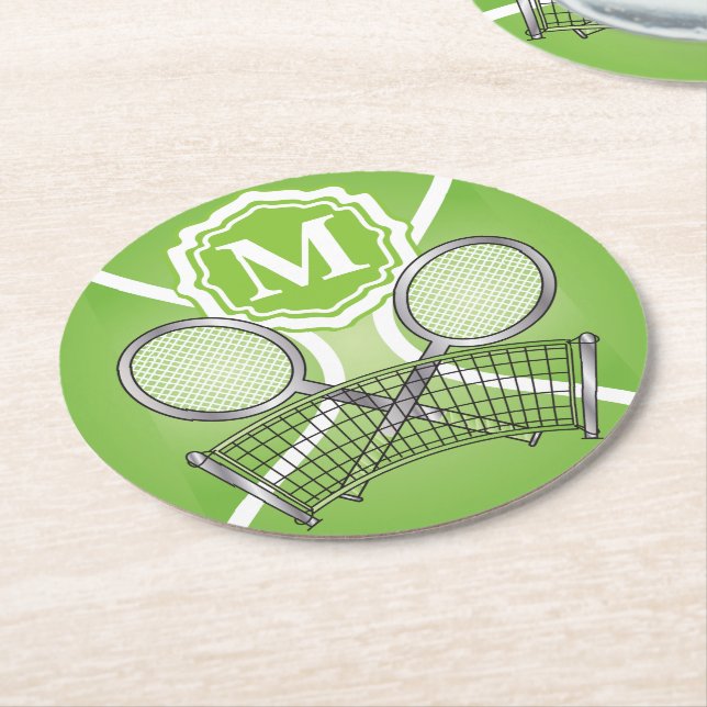 Posavasos Redondo De Papel Monograma verde Tenis (En perspectiva)