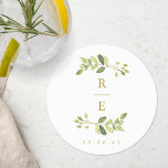 Posavasos Redondo De Papel Monograma verde y Boda de oro<br><div class="desc">Monstruo boda diseñado por personalizados con diseño monograma boda de color verde acuático.</div>