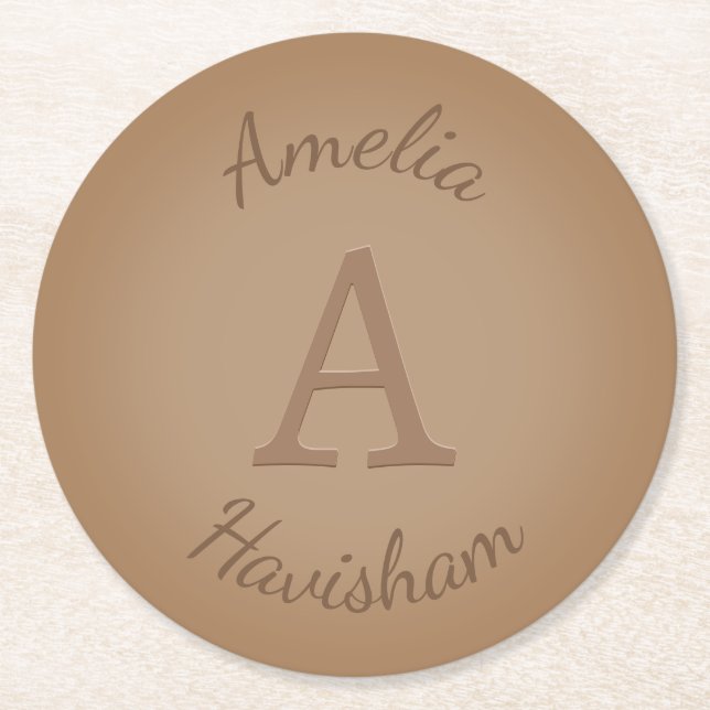 Posavasos Redondo De Papel Monograma y nombre de chocolate marrón personaliza (Anverso)