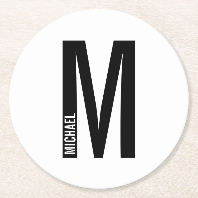 Posavasos Redondo De Papel Monograma y nombre negrita personalizado moderno (Anverso)