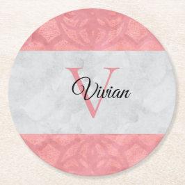 Posavasos Redondo De Papel Monogramación De Batik Rosa Ruddy Y Acuarela Gris