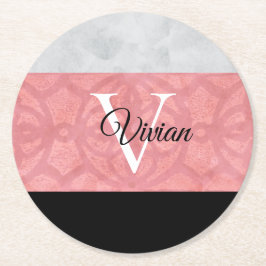 Posavasos Redondo De Papel Monogramación De Batik Rosa Ruddy Y Acuarela Gris